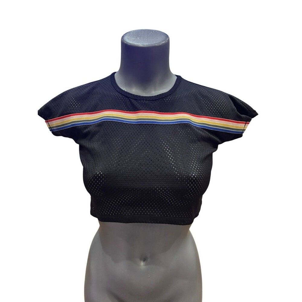 Ideology kids small black mesh crop top with rainbow strip small